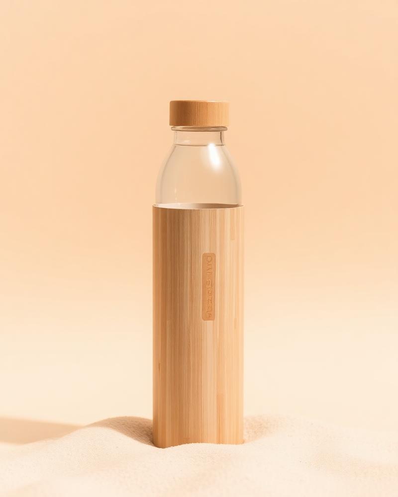 Reusable bamboo water bottle on a warm cream background