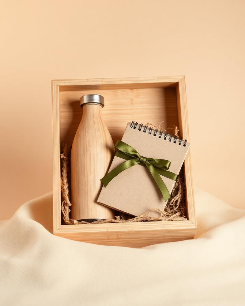 Bamboo corporate gift box with bottle and notebook